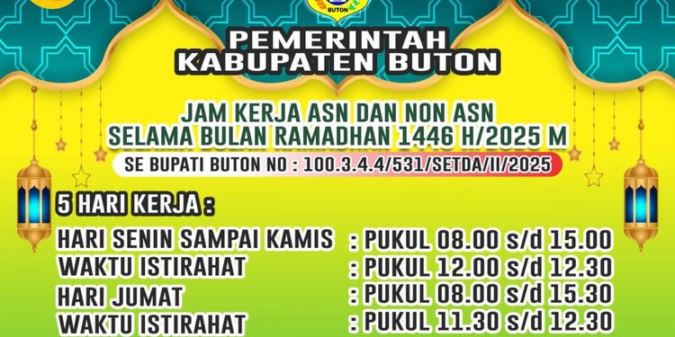 Pemerintah Kabupaten Buton Tetapkan Jam Kerja ASN dan Non-ASN Selama Ramadhan 1446 H  Buton, [tanggal berita] – Menyambut bulan suci Ramadhan 1446 H/2025 M, Pemerintah Kabupaten Buton resmi menetapkan jadwal jam kerja bagi Aparatur Sipil Negara (ASN) dan Non-ASN. Kebijakan ini tertuang dalam Surat Edaran Bupati Buton Nomor 100.3.4.4/531/SETDA/II/2025.  Keputusan ini bertujuan untuk memberikan keleluasaan bagi pegawai dalam menjalankan ibadah puasa tanpa mengurangi produktivitas pelayanan publik. Selain itu, kebijakan ini juga diharapkan dapat meningkatkan kesejahteraan pegawai dengan memberikan waktu istirahat yang cukup agar mereka tetap bisa bekerja dengan optimal. Dalam aturan yang diberlakukan, jam kerja ASN dan Non-ASN selama bulan Ramadhan mengalami penyesuaian sebagai berikut:  Hari Senin hingga Kamis: Pukul 08.00 – 15.00 WITA  Waktu istirahat: Pukul 12.00 – 12.30 WITA   Hari Jumat: Pukul 08.00 – 15.30 WITA  Waktu istirahat: Pukul 11.30 – 12.30 WITA    Dengan adanya kebijakan ini, diharapkan pelayanan publik di Kabupaten Buton tetap berjalan optimal meskipun dalam suasana ibadah puasa. Pemerintah juga menekankan pentingnya disiplin kerja serta menjaga kualitas pelayanan kepada masyarakat. Selain itu, Pemerintah Kabupaten Buton juga mengimbau agar ASN dan Non-ASN tetap menjaga etika kerja serta meningkatkan semangat gotong royong dalam menjalankan tugas sehari-hari.  Selain itu, Pemerintah Kabupaten Buton menyampaikan ucapan “Marhaban Ya Ramadhan” kepada seluruh masyarakat dan mengajak untuk menjadikan bulan suci ini sebagai momentum meningkatkan ketakwaan dan kepedulian sosial. Dalam suasana Ramadhan ini, diharapkan seluruh elemen masyarakat dapat memperkuat tali silaturahmi, meningkatkan solidaritas, serta memperbanyak amal ibadah demi keberkahan bersama.  Diharapkan seluruh ASN dan Non-ASN di lingkup Pemerintah Kabupaten Buton dapat mematuhi aturan yang telah ditetapkan demi terciptanya keseimbangan antara tugas pelayanan dan pelaksanaan ibadah puasa, serta memberikan pelayanan terbaik kepada masyarakat selama bulan suci ini.  (Sumber: Pemerintah Kabupaten Buton)